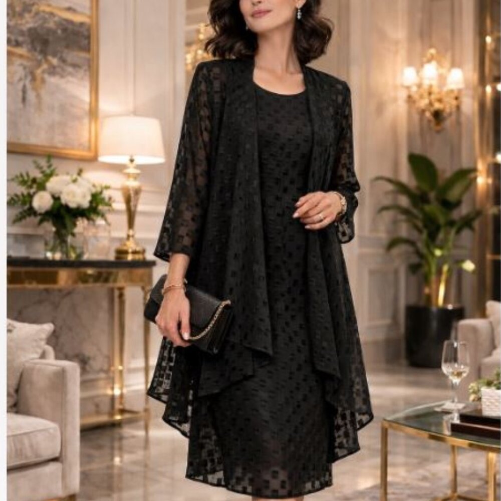 Vintage Patra Dress Set Black Lightweight Layer Size 10 Kimono Two Piece Outfit